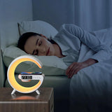 Lámpara Cargador Inalámbrico Multifunción para Smartphone, Altavoz Bluetooth, Reloj Despertador, Simulación de Amanecer y Sonido Natural para Dormir, 9 Modos de Iluminación RGB