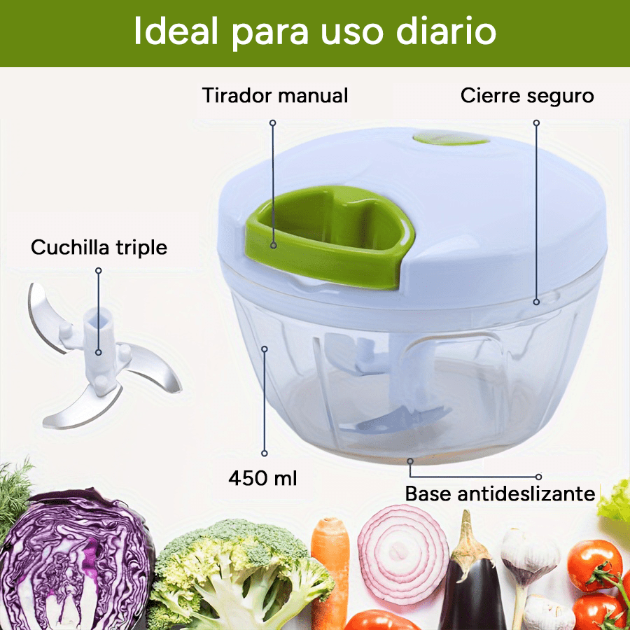 Picadora de Alimentos, Picadora Manual de Cocina, Picadora Electrica de Alimentos, Trocea, Mezcla, Machaca y Muele, Triple Cuchilla de Acero, Resistente, Fácil de Limpiar, Perfecto para Fruta, Verdura, Carne, Hierbas