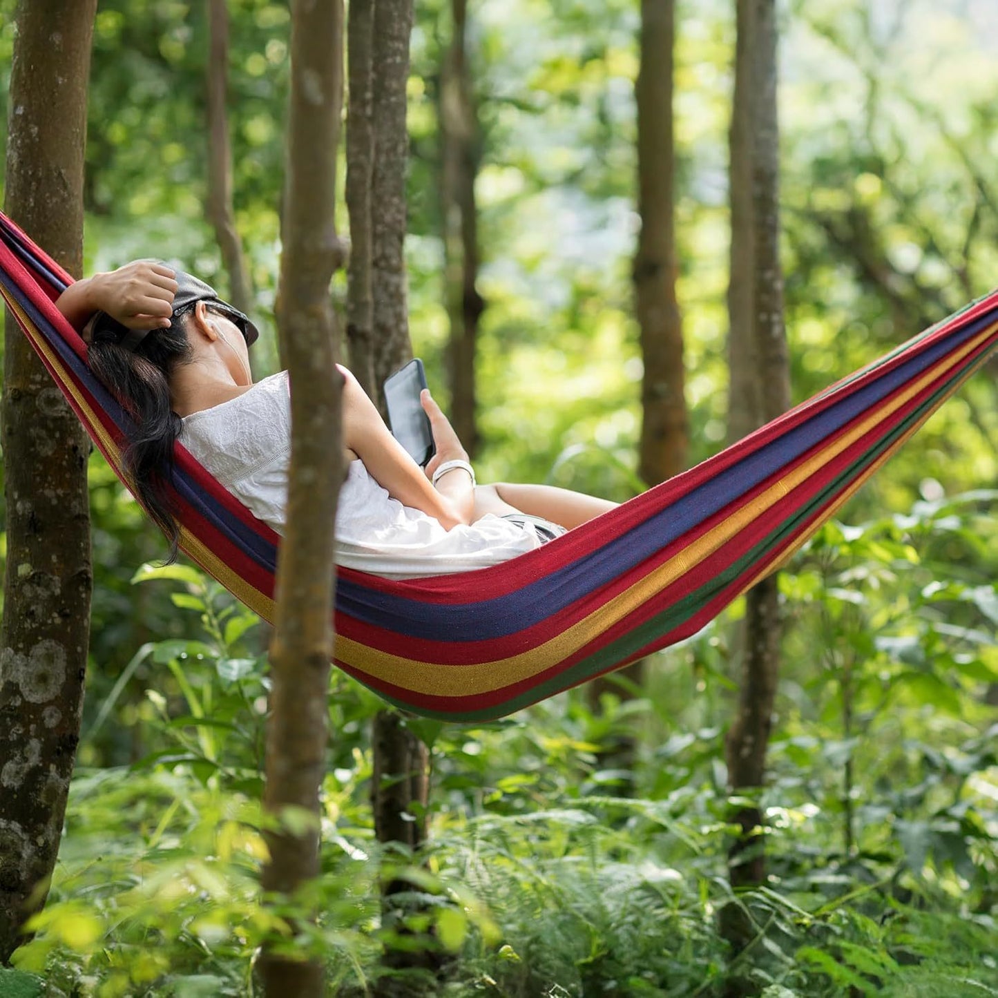 Hamaca Colgante para Exterior de Algodón, Ideal para Camping y Jardín, Medidas 200x100 cm, Hasta 200 kg de Capacidad de Carga, Incluye Bolsa de Transporte y Cuerda de 0,5cm x 2m