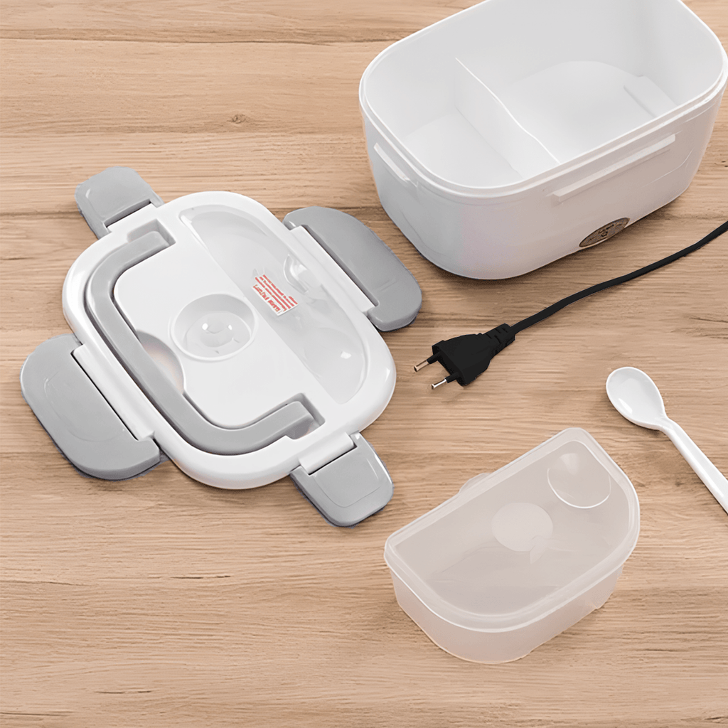 Caja Termica Portatil con 2 Compartimentos, Lonchera Electrica con Asa de Transporte, 1L de Capacidad, Calienta en Pocos Minutos, Enchufe para Casa Incluido, Espacio para Cubiertos con Cuchara Incluida, Fácil Limpieza
