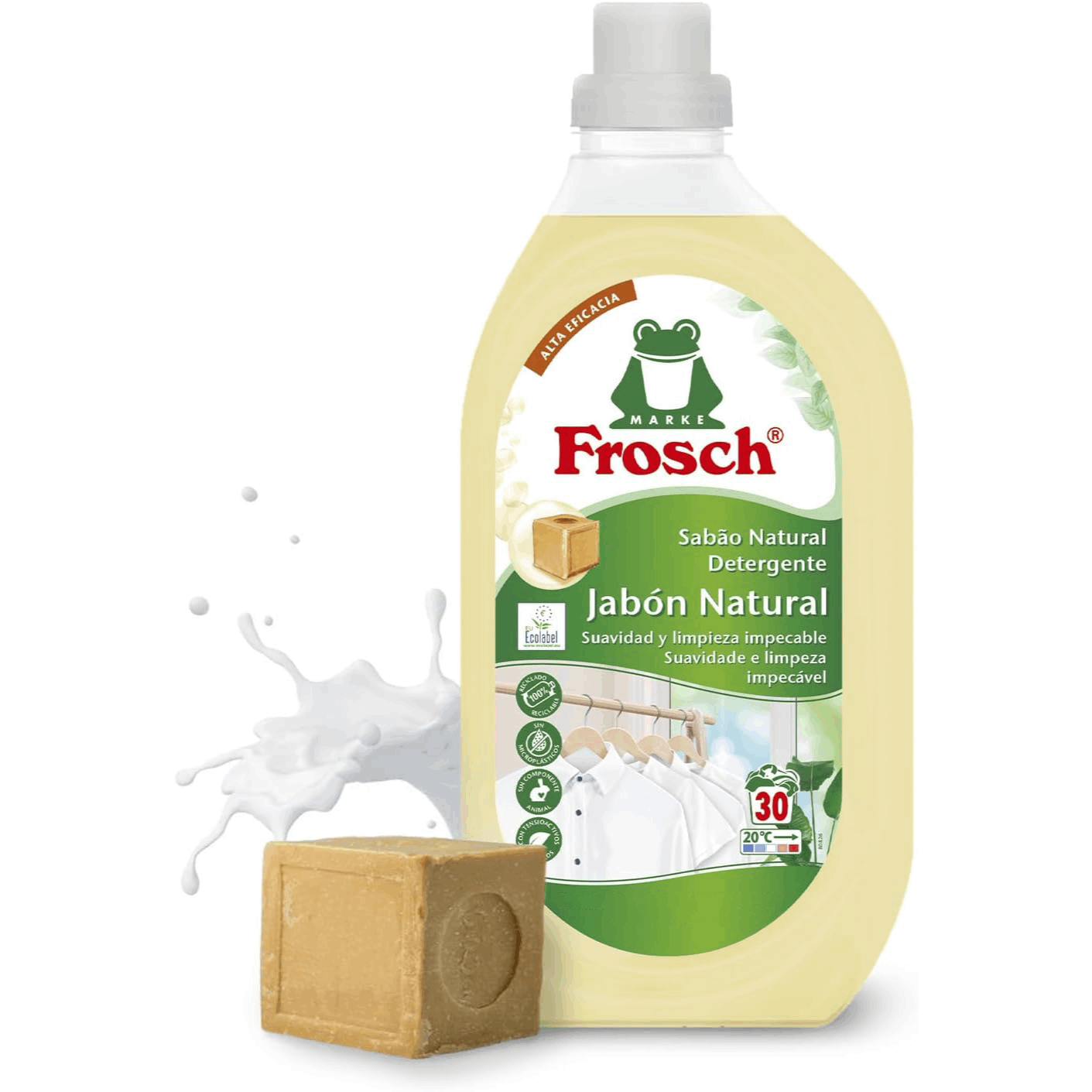 Frosch Detergente para Lavadora Líquido Concentrado, Jabón Natural para Lavadora, Ropa Limpia e Impecable en el Lavado, Apto para Todo Tipo de Tejidos menos Lana y Seda, 1.5 L