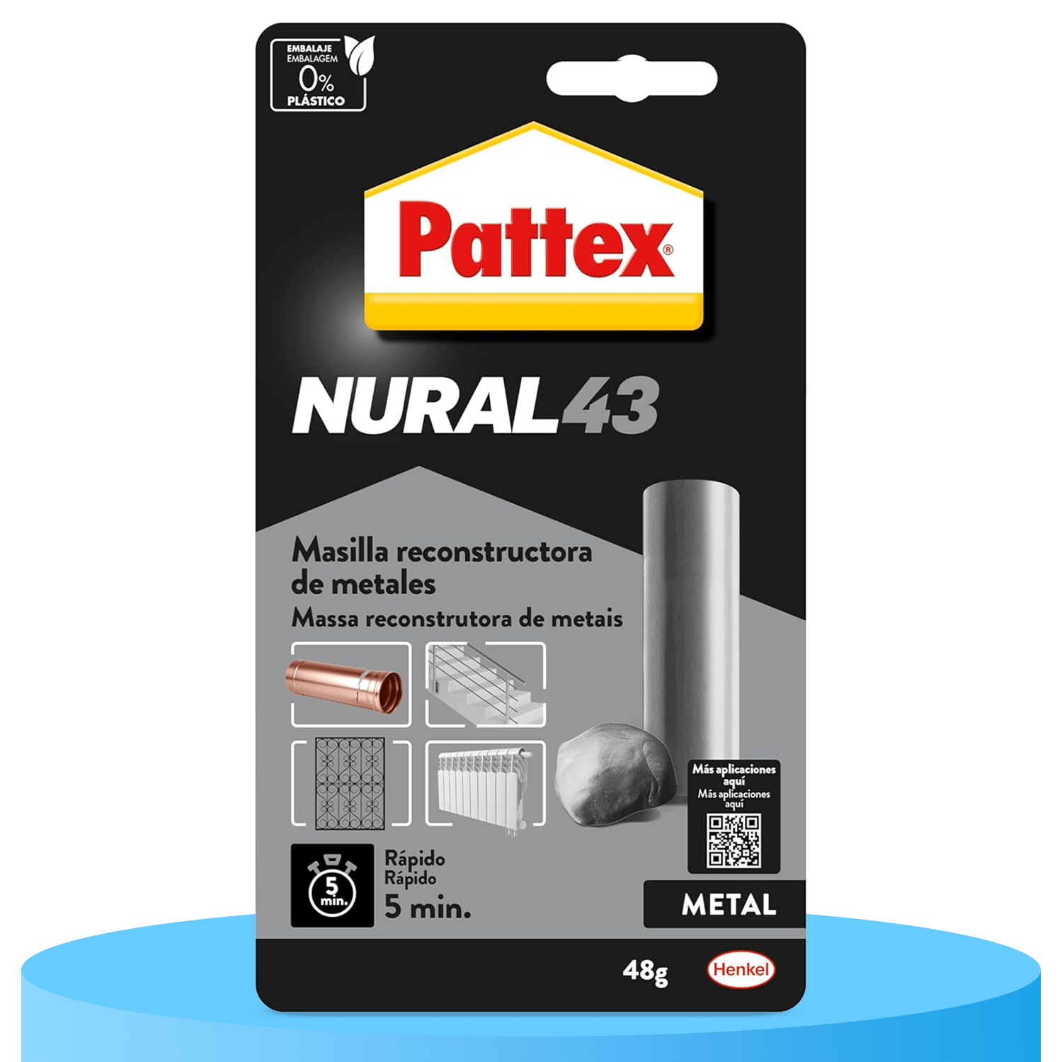 Pattex Nural 43 Masilla Reconstructora de Metales, Masilla Adhesiva para Restaurar Piezas Metálicas, Masilla Gris para Grietas, Agujeros, Fisuras y Uniones, 48g