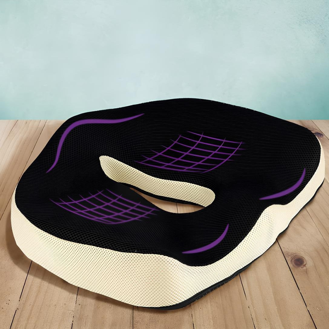 Cojín Asiento de Espuma Viscolástica ideal para Sillas de oficina y Coche, Ayuda a Corregir la Postura, Amortiguación perfecta, Hueco Central para Ventilación, Base Antideslizante, Funda Lavable de Poliéster, Asa de Transporte
