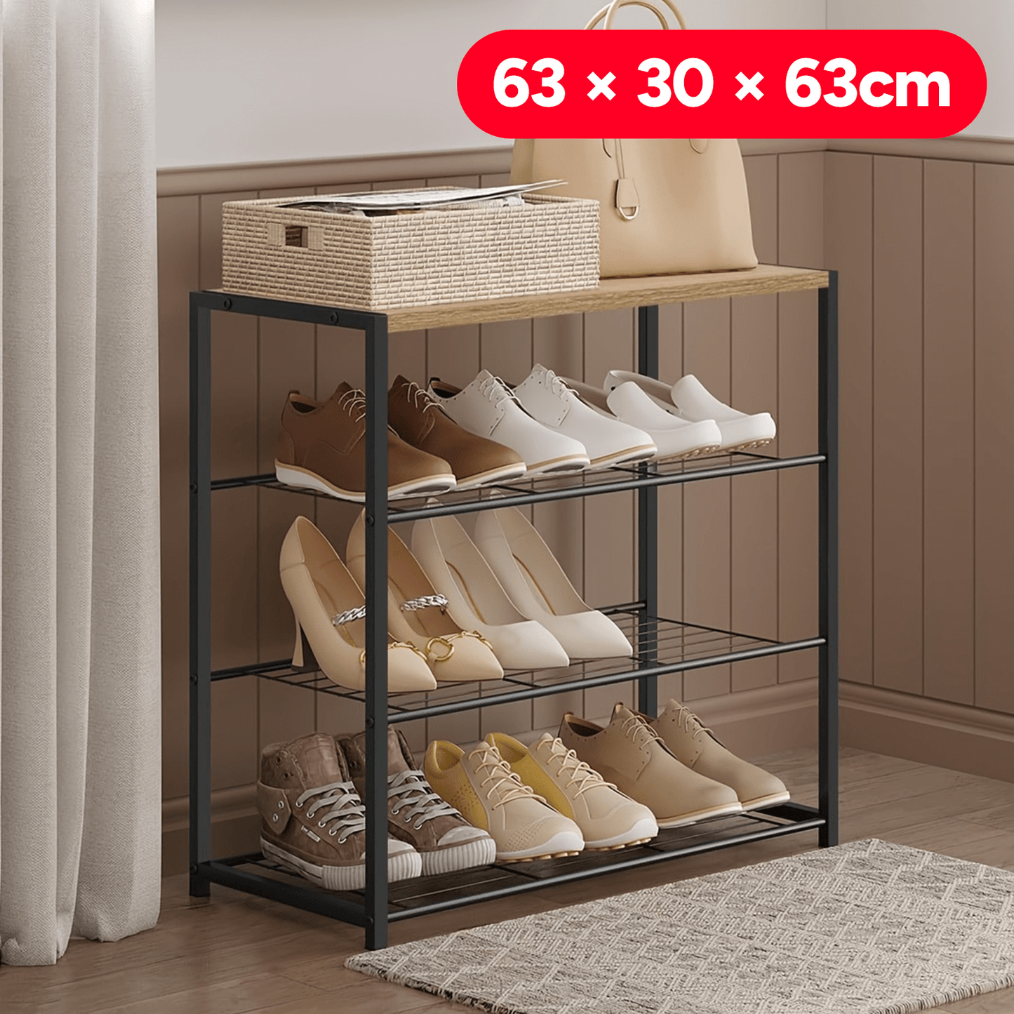 Zapatero Organizador 4 Alturas, Estantería Zapatos, Multifuncional, Organizador de Almacenamiento en el Suelo para Baño, Entrada, Pasillo y Dormitorio, Capacidad para Múltiples Zapatos, 63 x 30 x 63cm