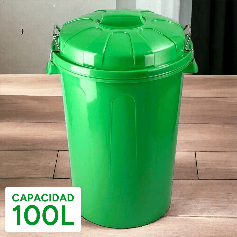 Cubo Basura 100 Litros de capacidad con Tapa. Fabricado en Plastico Resistente, Ideal para Almacenaje de Basura para el Hogar, Oficina o Industria