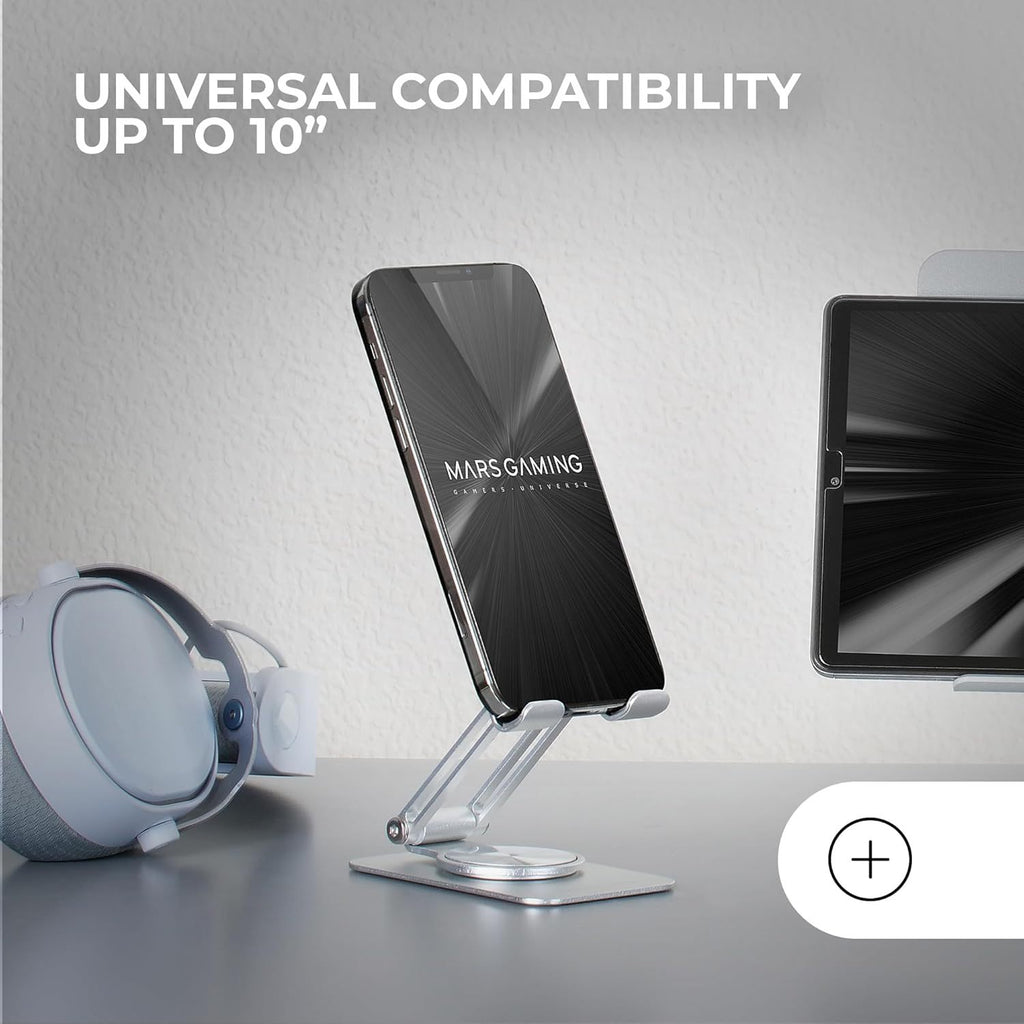 Mars Gaming MA-RSS, Soporte Plegable para Smartphone, Rotación Dinámica 360º + Ajuste en Altura y Ángulo 180º, Soporte Teléfono Móvil Portátil de Aluminio, Antideslizante, Gris Plateado