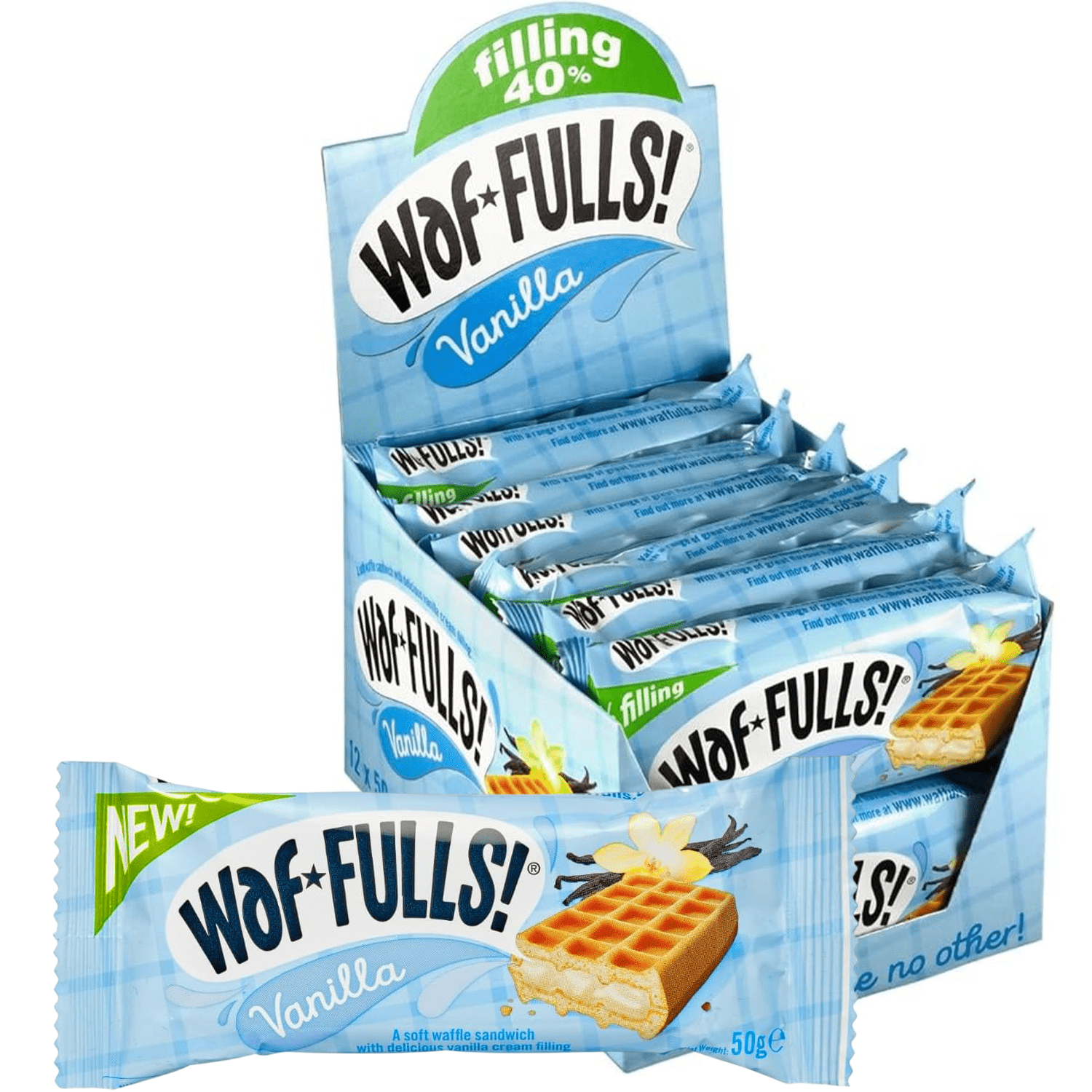 WafFULLS! Gofres de Sabores, 12 Gofres para Picoteo, Desayuno y Merienda, Barritas Esponjosas Rellenas, Gofres Envueltos Individualmente Listo para Comer, Caja con 12 Gofres