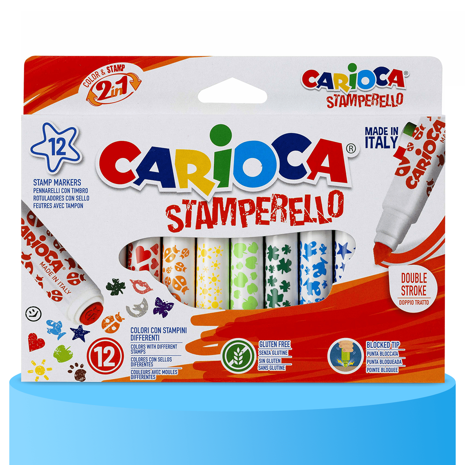 CARIOCA Rotuladores de Colores con Sello 2 en 1, Doble Trazo, Sellos Divertidos y Coloridos, Paquete de 12 Rotuladores