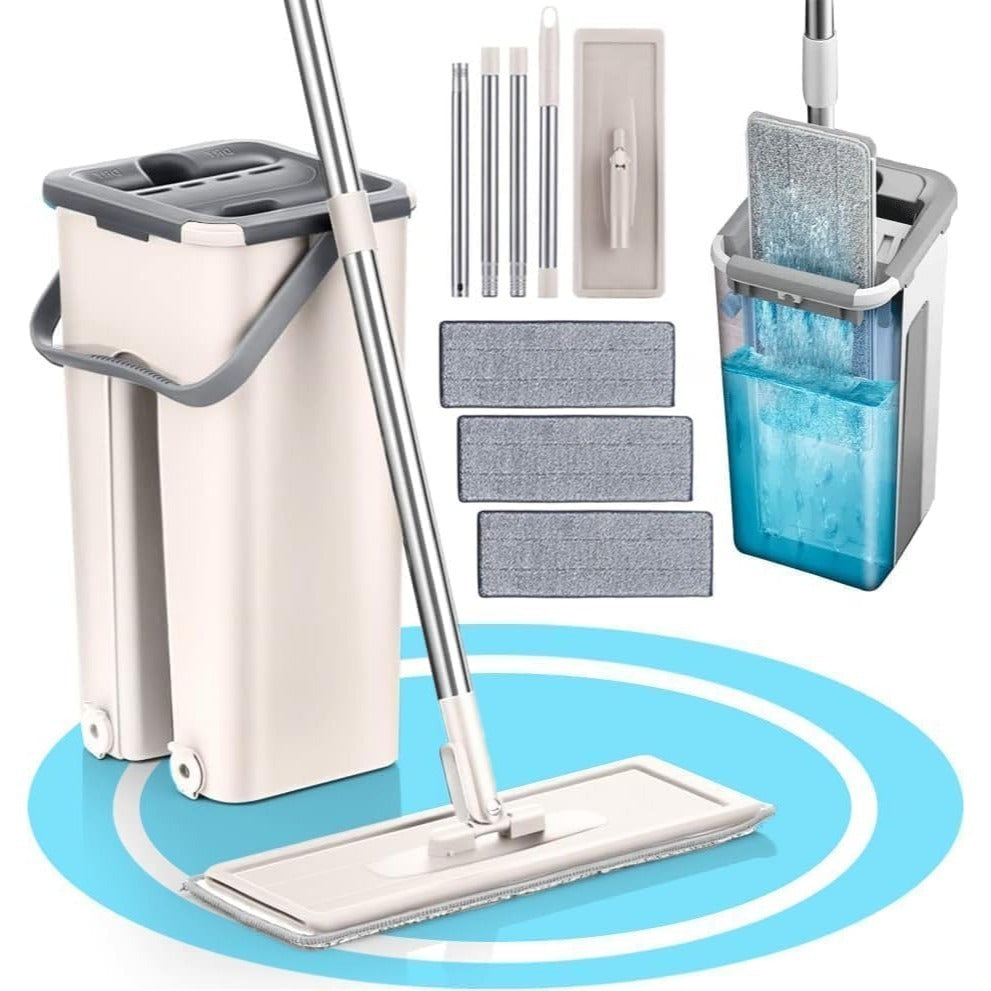 Fregona y Cubo de Limpieza Escurridor con Compartimentos, Cabezal Plano y Flexible Rotación 360. Cubo Escurrefacil. Ideal para Limpiar Suelos, Paredes, Techos, Ventanas, Incluye Recambios Extra