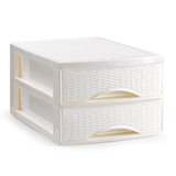 Cajonera Almacenamiento de Sobremesa, Efectto Rattan, 2 Cajones, Ideal para Ordenar y Organizar el Hogar, Blanco, 26 x 35.5 x 19cm