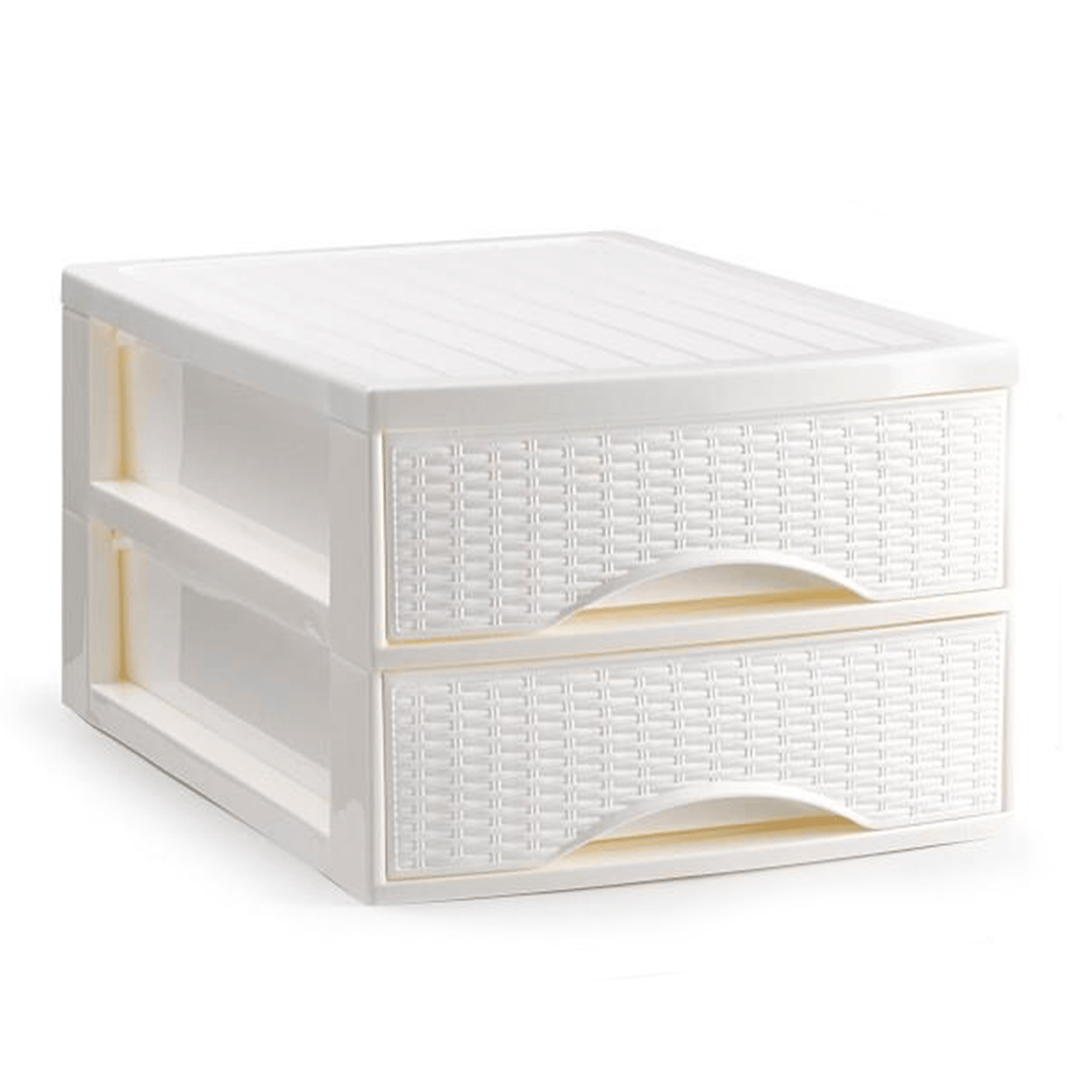 Cajonera Almacenamiento de Sobremesa, Efectto Rattan, 2 Cajones, Ideal para Ordenar y Organizar el Hogar, Blanco, 26 x 35.5 x 19cm