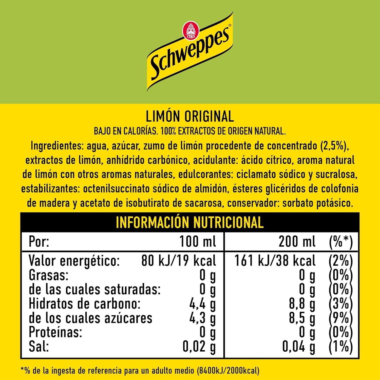 Schweppes Limón, Refresco con Sabor a Limón, Refresco Bajo en Calorías, Paquete de 24 Latas de 330 ml