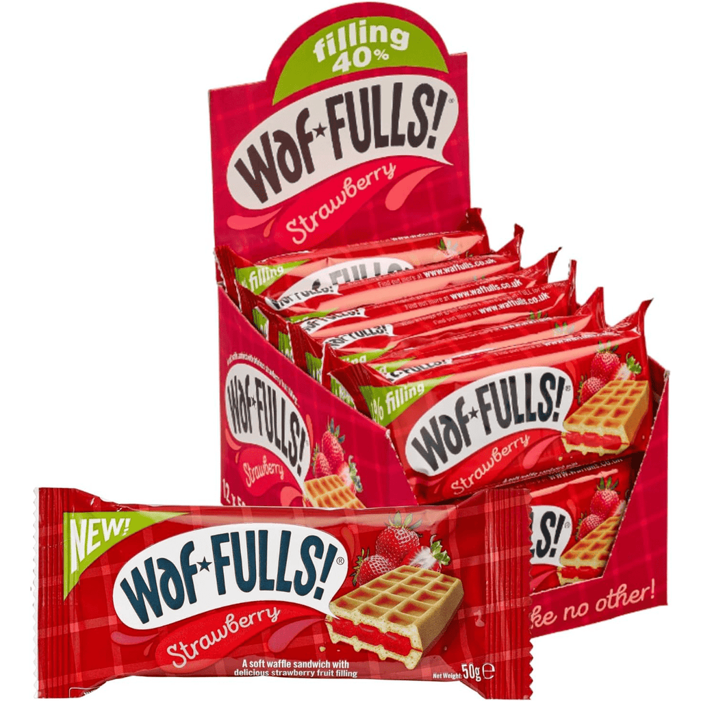 WafFULLS! Gofres de Fresa, 12 Gofres para Picoteo, Desayuno y Merienda, Barritas Esponjosas Rellenas de Crema de Fresa, Gofres Envueltos Individualmente Listo para Comer, Caja con 12 Gofres