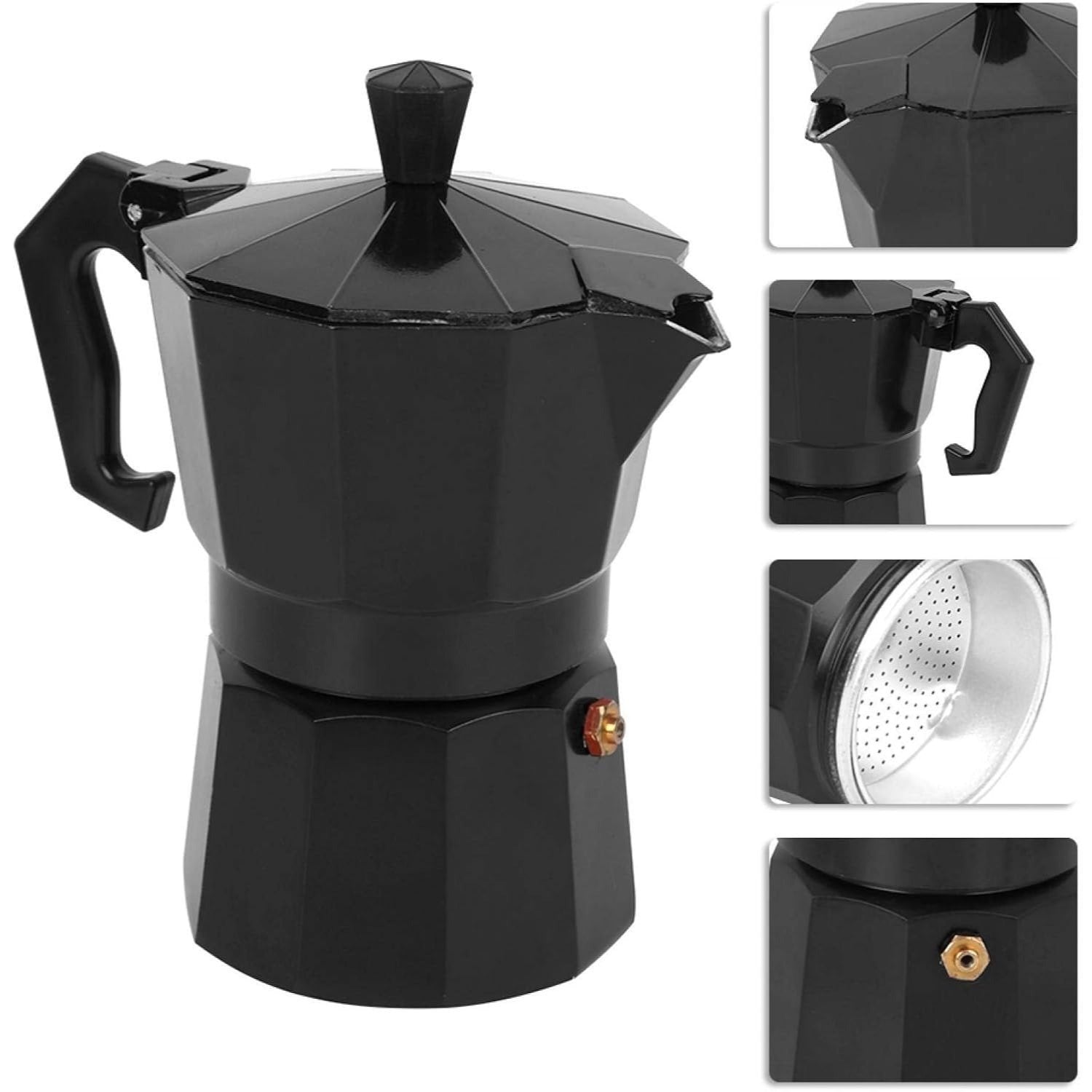 Cafetera Italiana de Aluminio Resistente con Asa de Bakelita Ergonómica y Aislante de Calor, Compatible con Gas, Vitrocerámica e Inducción, Octogonal