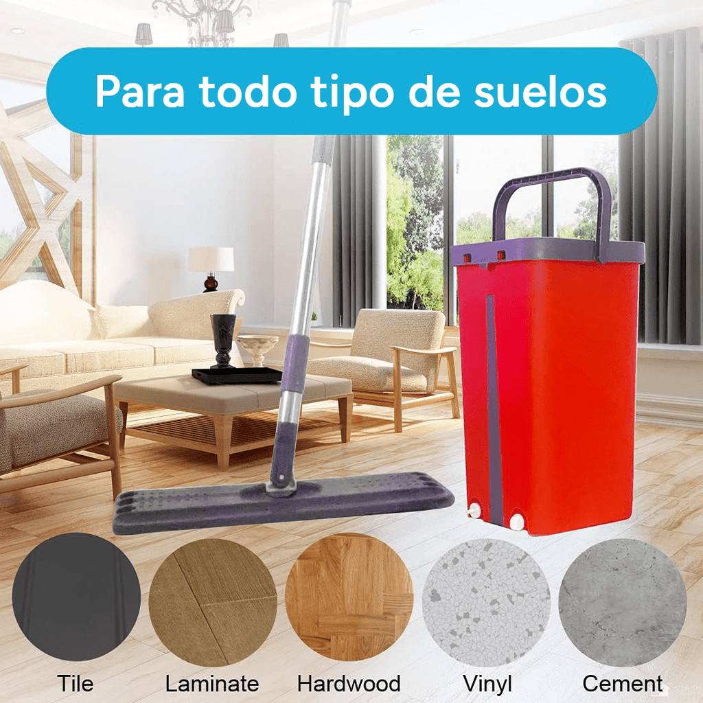 Fregona y Cubo de Limpieza Escurridor con Compartimentos, Cabezal Plano y Flexible Rotación 360. Cubo Escurrefacil. Ideal para Limpiar Suelos, Paredes, Techos, Ventanas, Incluye Recambios Extra