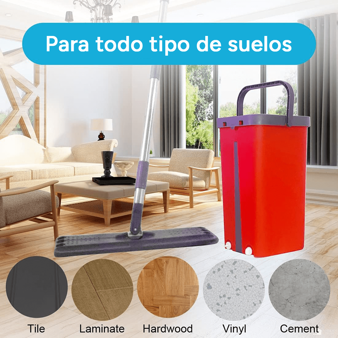 Fregona y Cubo de Limpieza Escurridor con Compartimentos, Cabezal Plano y Flexible Rotación 360. Cubo Escurrefacil. Ideal para Limpiar Suelos, Paredes, Techos, Ventanas, Incluye Recambios Extra
