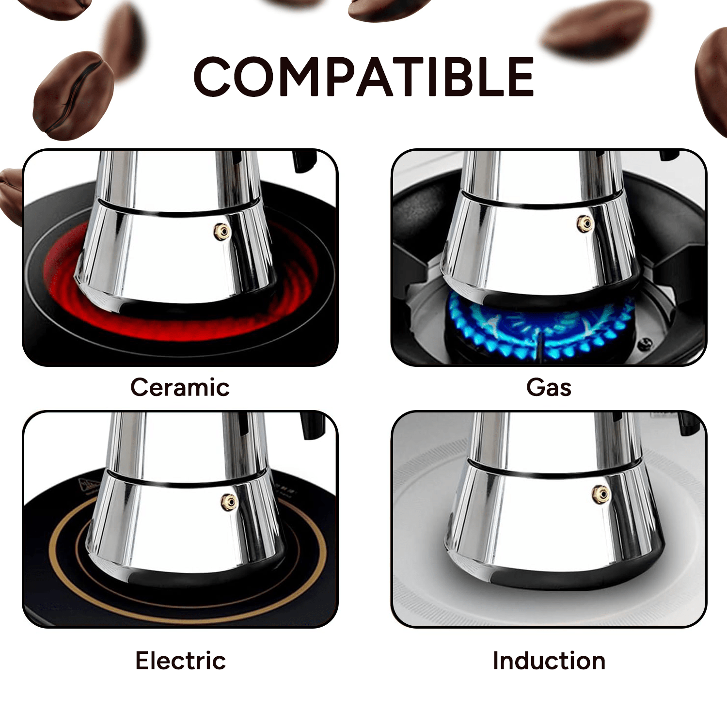 Cafetera Italiana 9 Tazas, Hecha de Acero Inoxidable, Mango Antiquemaduras, Compatible con Vitrocerámica, Gas, Inducción y Eléctrico, Capacidad de 600 gr de Café, Hasta 9 Tazas de Café, Fácil Limpieza