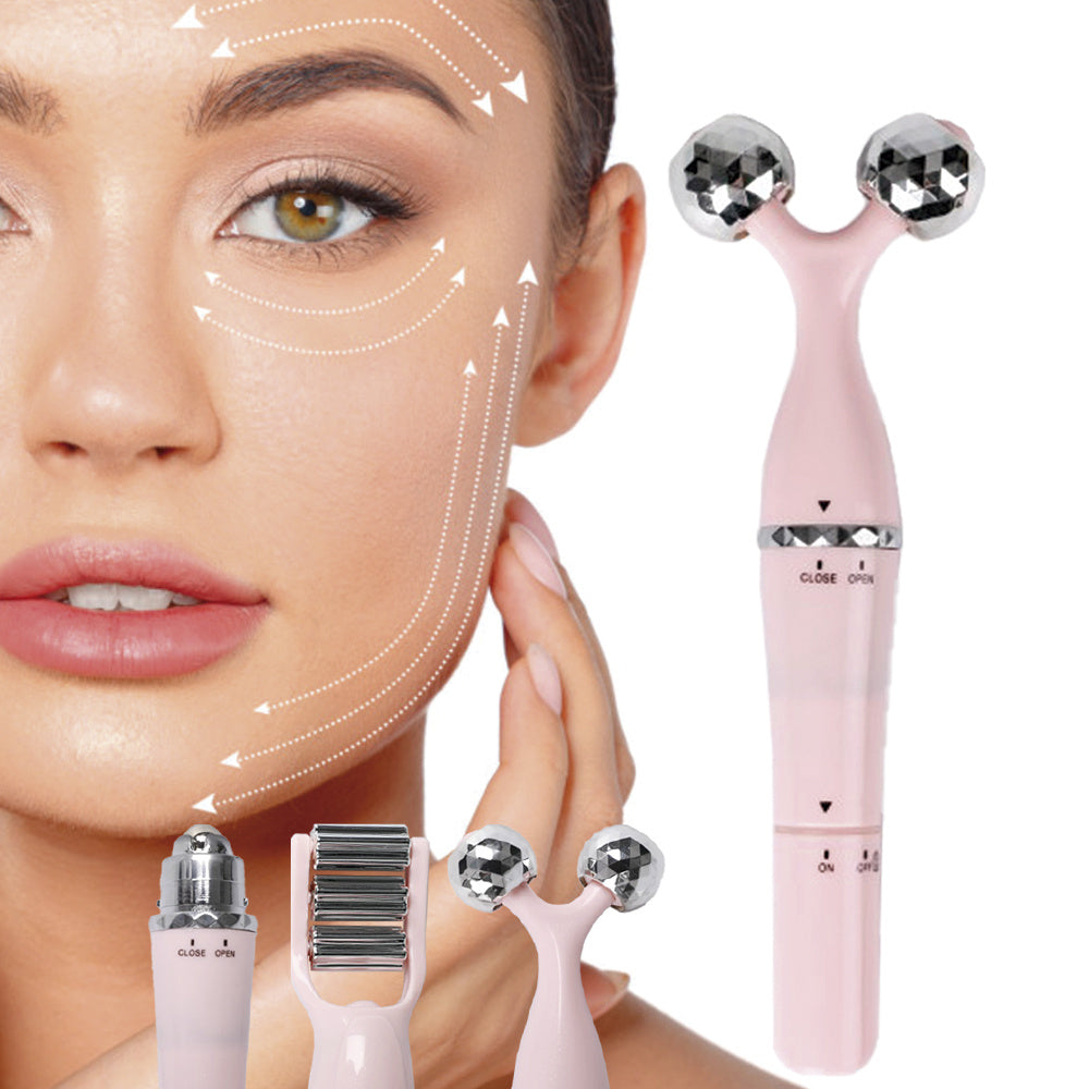 Masajeador Facial con 3 Cabezales, Rodillo para Triple Masaje, Rodillo en V para Reafirmar, Esfera para Contorno de Ojos, Vibración Suave, Práctico y Ligero, Funciona con 1 Pila AA (No Incluida)