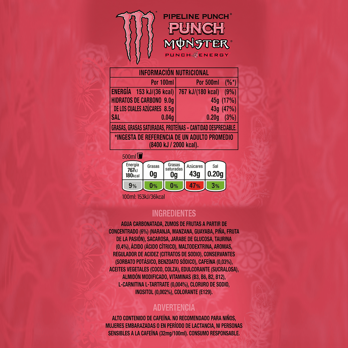 MONSTER ENERGY Pipeline Punch Bebida Energética Sabor Fruta de la Pasión, Naranja y Guayaba, 4 Latas de 500ml