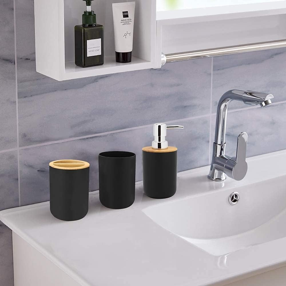 Set de Baño Completo, Conjunto Accesorios Baño Diseño Moderno y Elegante, Incluye Soporte para Cepillos de Dientes, Dispensador de Jabón Líquido, Vaso, Jabonera y Escobilla de Baño, Color Negro, Fabricado en Plastico Resistente y Bambú