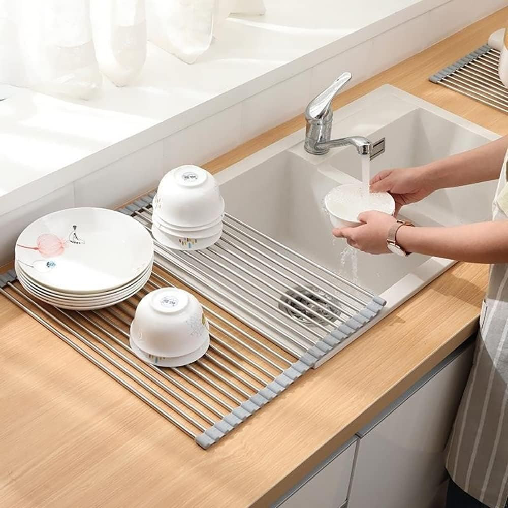Escurridor de Platos para Fregadero, Escurridor de Platos Enrrollable de Acero Inoxidable, Escurridor Multifuncional sobre Fregadero, Escurridor de Platos Plegable, Colador de Cocina para Frutas y Verdurias, Fácil de Limpiar, Ahorra Espacio, Color Gris