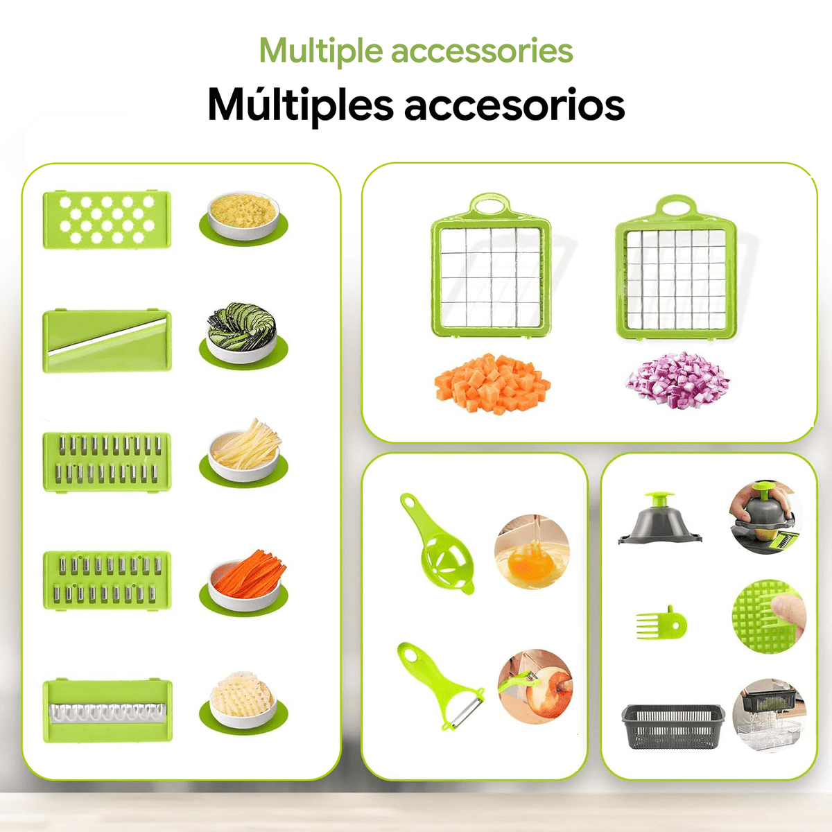 Cortador Verduras Manual Multifuncional, Múltiples Accesorios y Cuchillas, Incluye Recipiente, Pelador y Filtro, para Preparación Fácil de Comidas, Cortador Profesional para Verduras y Frutas