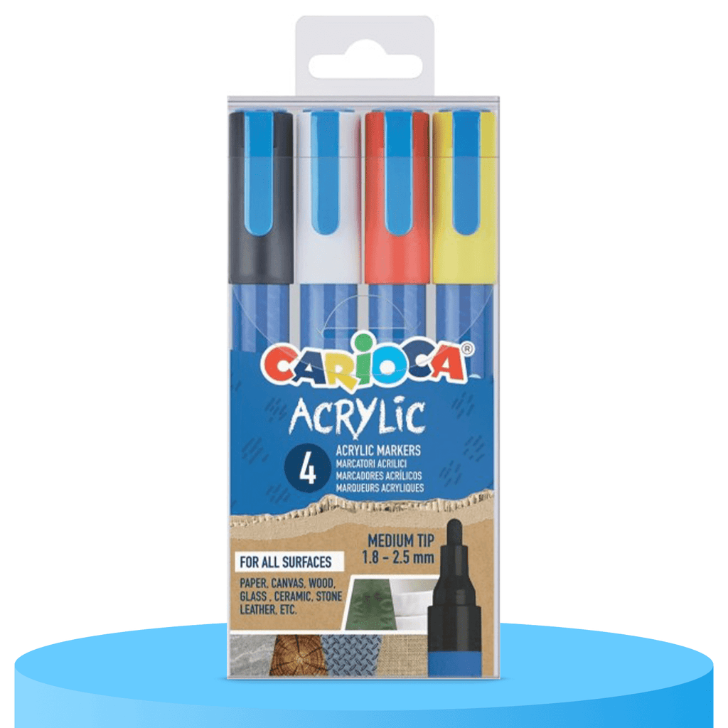 CARIOCA Rotuladores Acrílicos de Punta Media, Ideal para Todo Tipo de Superficies: Papel, Lienzo, Madera, Cristal, Cerámica, Piedra, Cuero, Paquete de 4 Rotuladores