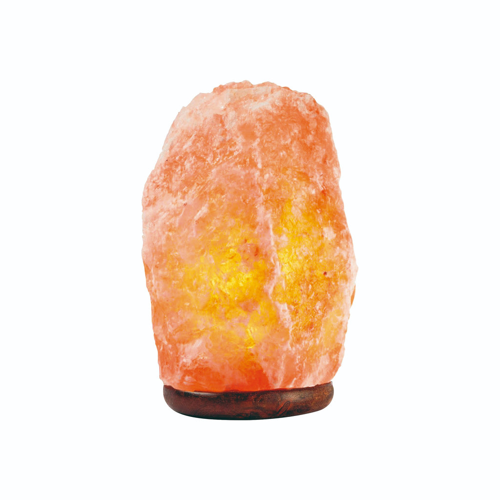 Lámpara Sal Himalaya de 21cm, 2-3 kg, Ideal para Crear un Ambiente Especial, Incluye Base de Madera, Cable de Conexión con Interruptor y Bombilla, Mejoran el Sueño y Descanso, Aumenta la Productividad