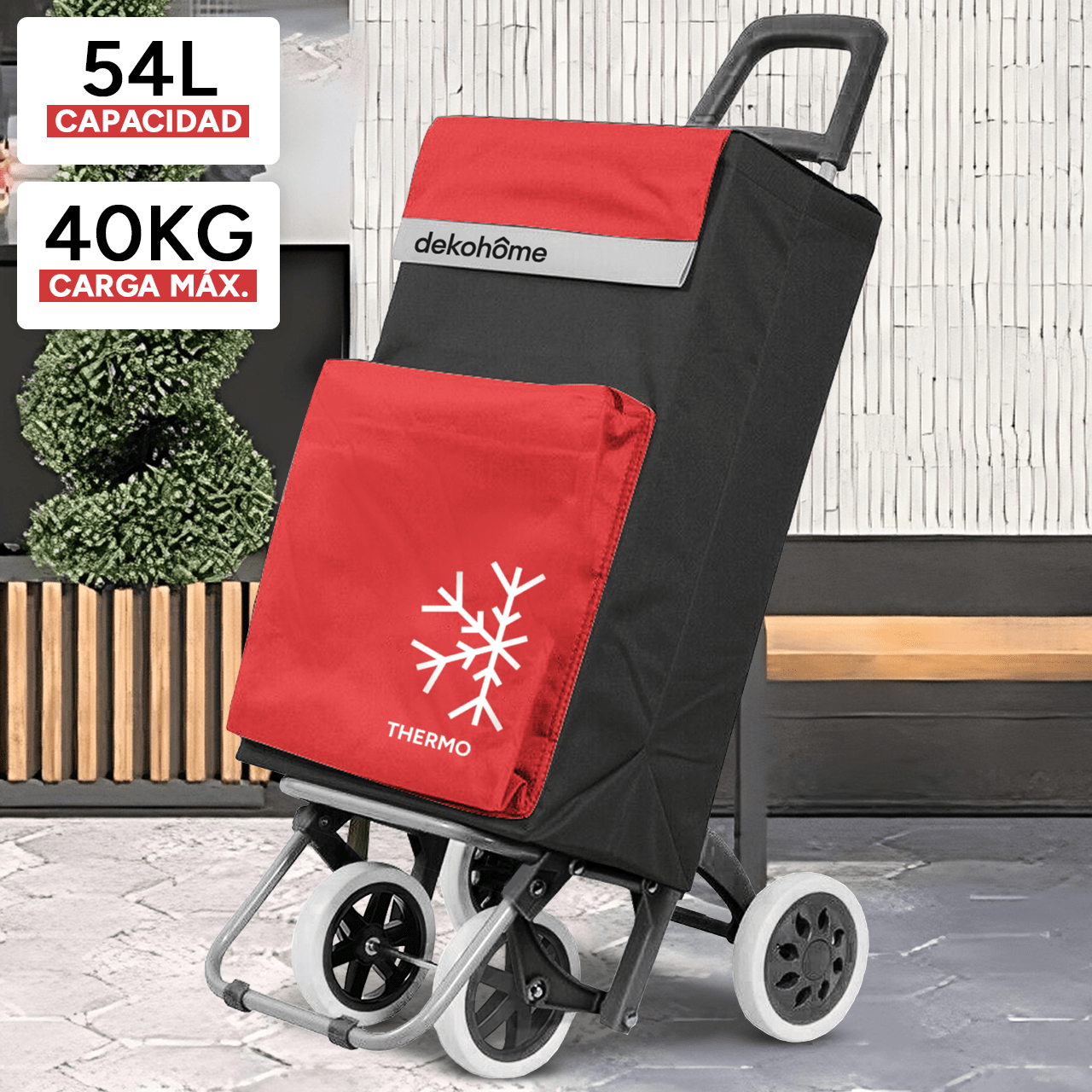 Carro Compra Plegable 4 Ruedas con Bolsillo Térmico para Congelados, Carro Plegable con Ruedas, 54 Litros de Capacidad y 40 Kg de Carga Máxima, Compartimentos Extra, Ruedas Grandes Resistentes para Facilitar el Movimiento y el Transporte del Peso