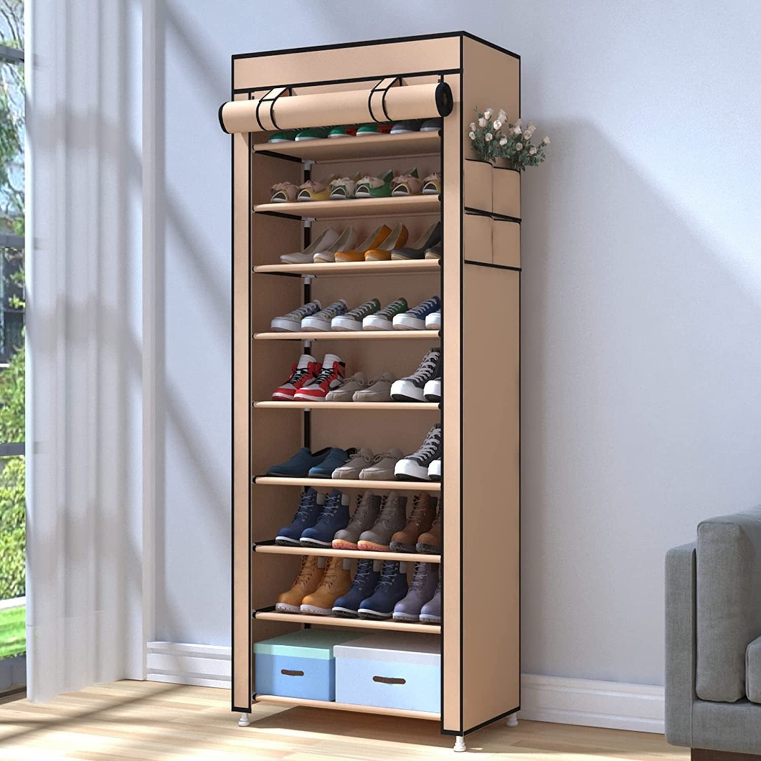 Zapatero Estante de Tela con Cubierta Frontal, Organizador de Zapatos Color Marrón Ideal para Optimizar Espacio