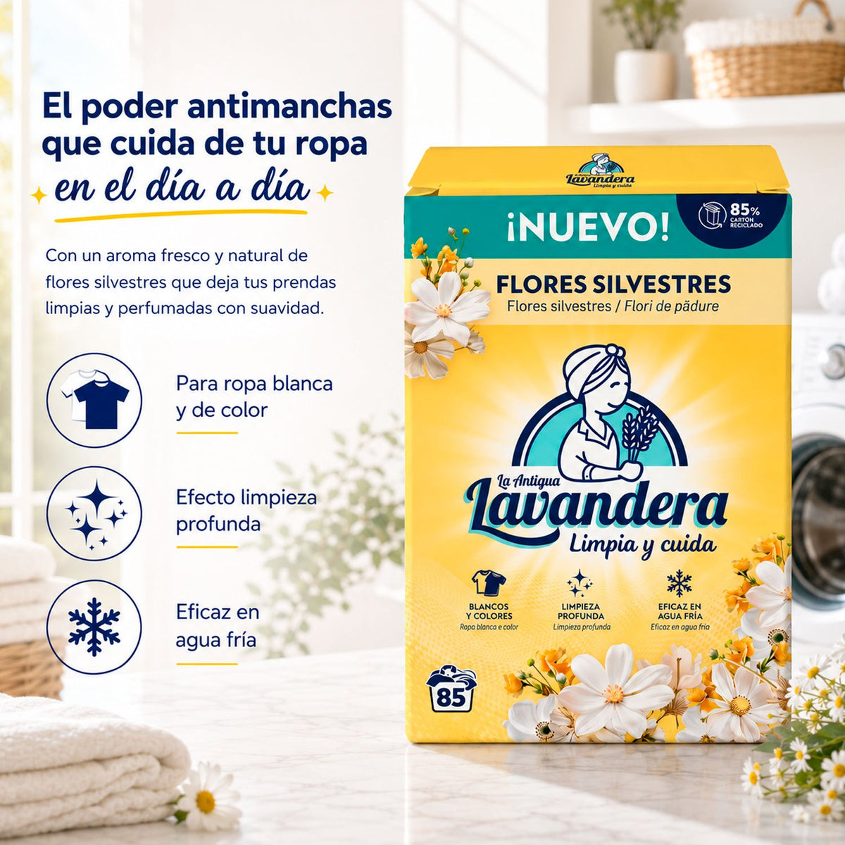 La Antigua Lavandera Detergente en Polvo para Ropa, Aroma Flores Silvestres, 85 Lavados