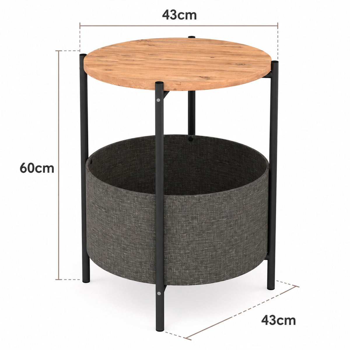 Mesa Auxiliar con Revistero, Mesa de Centro para Salón y Sala de Estar, Diseño Redondo con Espacio de Almacenamiento y Acabado Efecto Madera, 43 x 43 x 60 cm