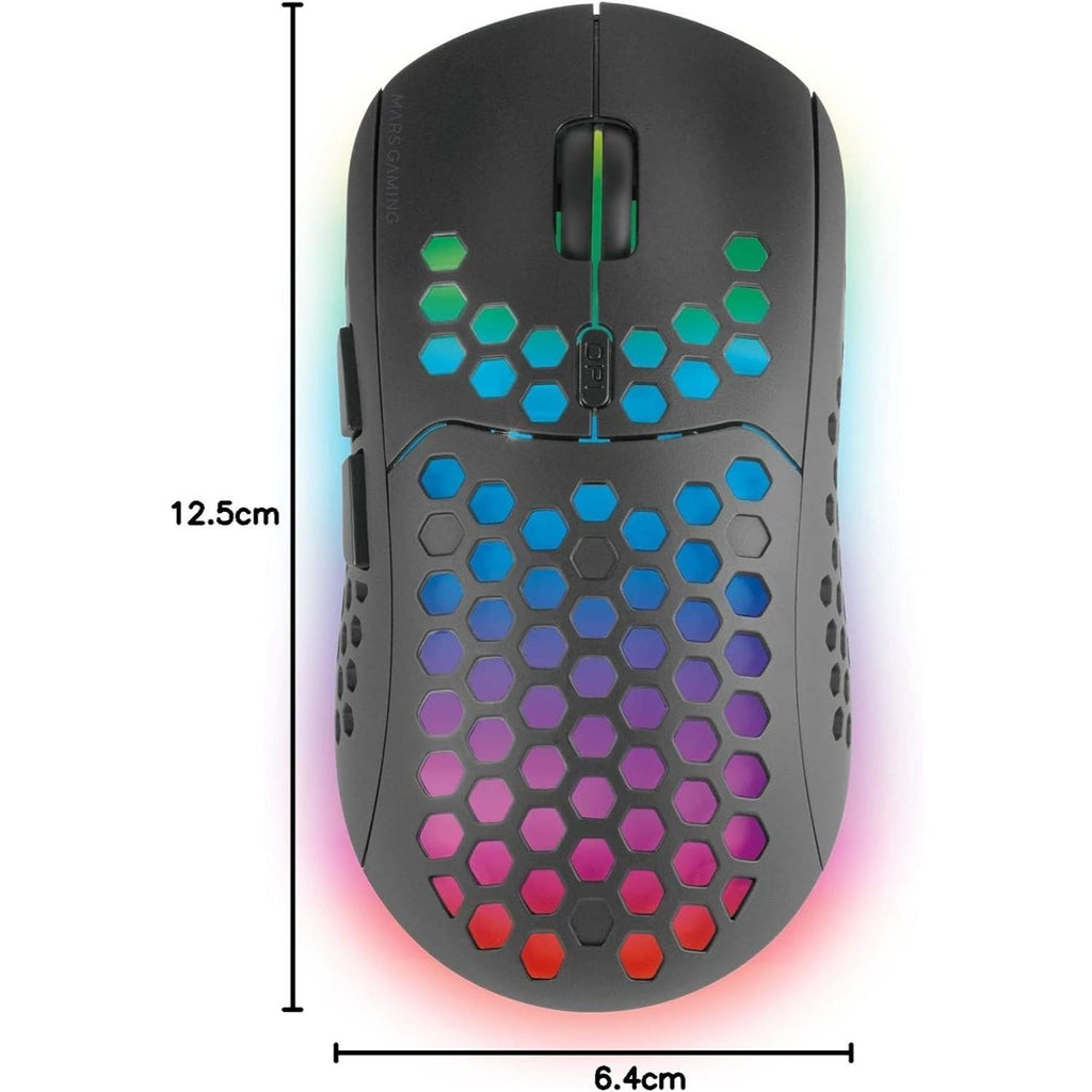 Mars Gaming MMW3, Ratón Gaming Inalámbrico Ultraligero Hive, RGB Flow, Sensor 3200 dpi, Switches Mecánicos HUANO, Batería Recargable, 2.4G USB, Negro