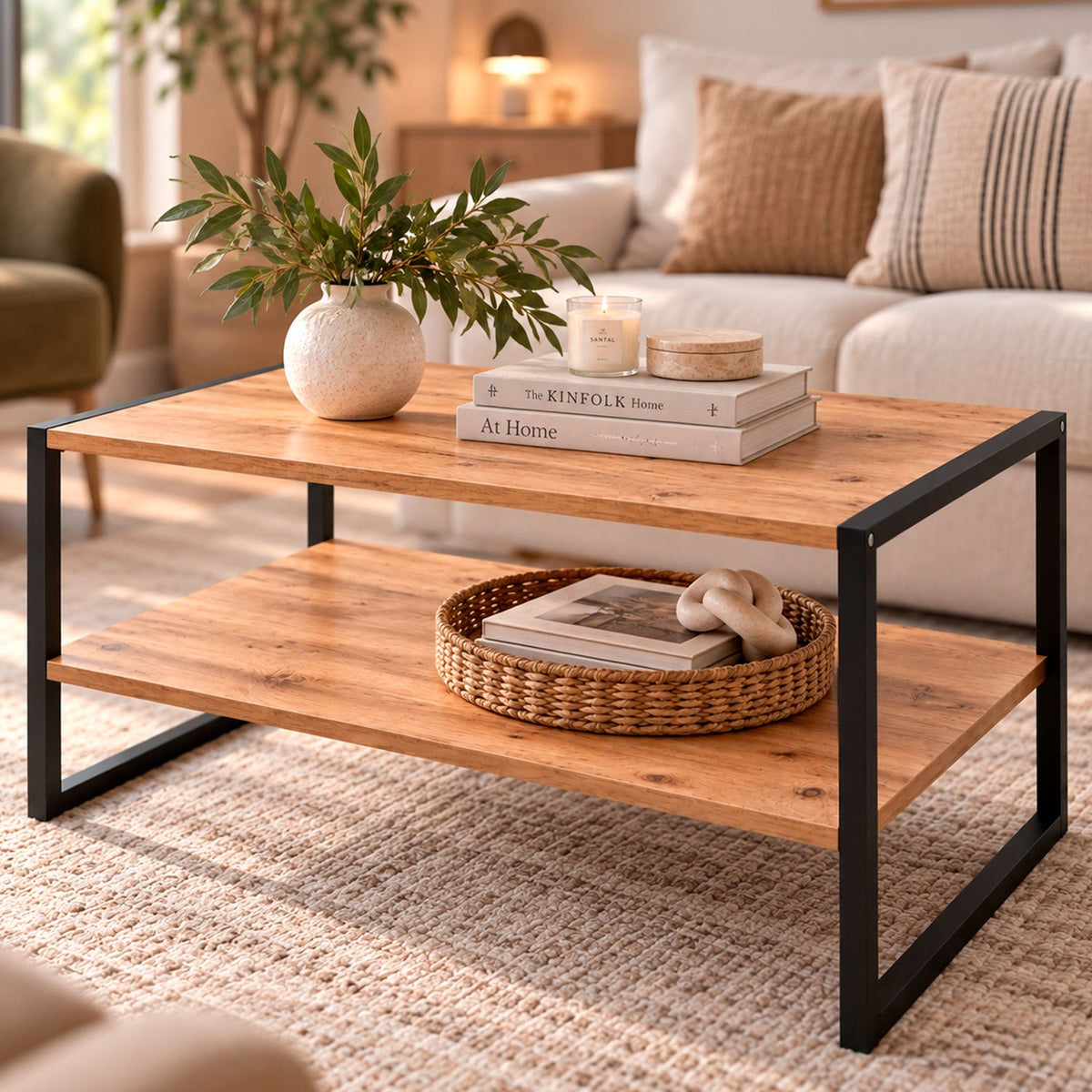Mesa de Centro de Madera y Metal, para Salón y Sala de Estar, Diseño Rectangular con Estante Inferior para Almacenamiento, Acabado Madera con Estructura Negra, 90 x 50 x 50 cm