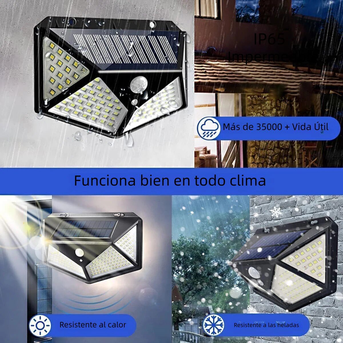 Luces Solares Exterior con Sensor de Movimiento, 100LEDS, 3 Modos de Iluminación, Impermeable, Resistente al Agua, Fácil Instalación, No Necesita Cableado, Luz Led con Sensor de Movimiento, ideal para Jardín, Pared, Porches y Balcones, 10.5 x 14.5 x 6 cm