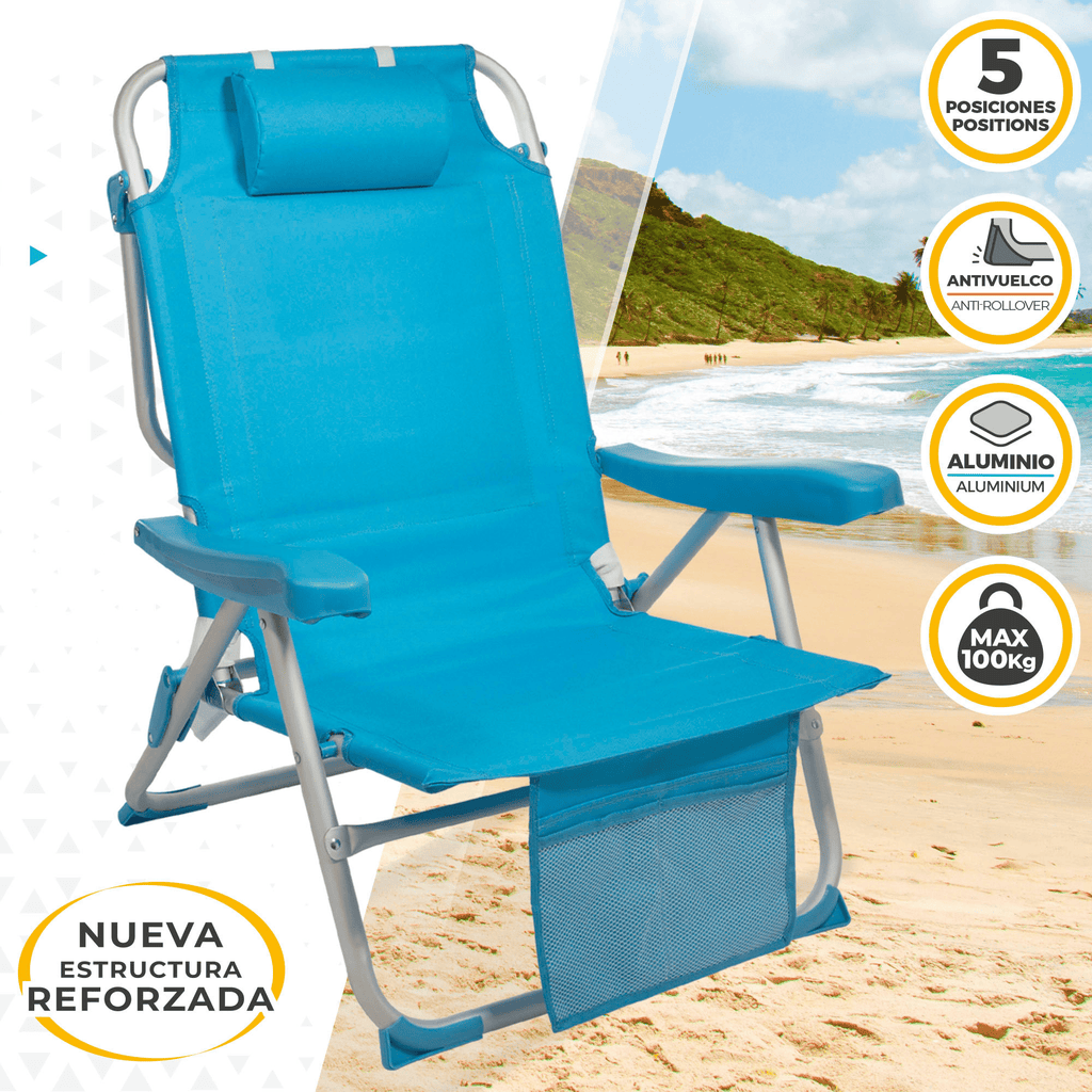 Silla Plegable Playa Reclinable y Resistente. Soporta hasta 100kg. 5 Posiciones, Respaldo Reclinable, Cojín Acolchado, Bolsillo Frontal. Sistema Antivuelco. Estructura Reforzada. Hecha de Aluminio y Poliéster. Ideal para Playa, Jardín
