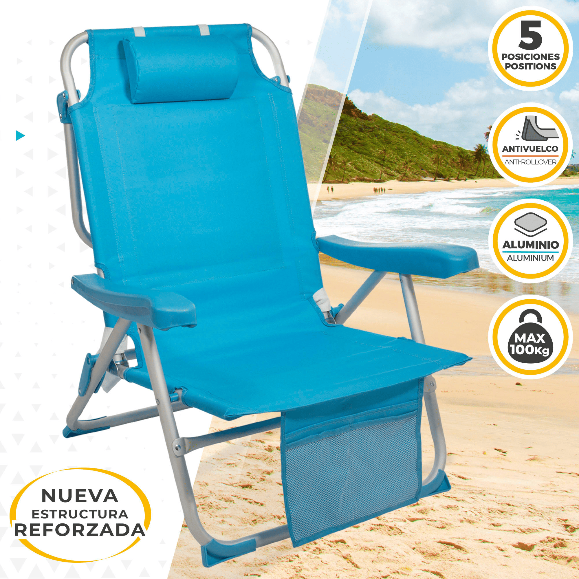 Silla Plegable Playa Reclinable y Resistente. Soporta hasta 100kg. 5 Posiciones, Respaldo Reclinable, Cojín Acolchado, Bolsillo Frontal. Sistema Antivuelco. Estructura Reforzada. Hecha de Aluminio y Poliéster. Ideal para Playa, Jardín