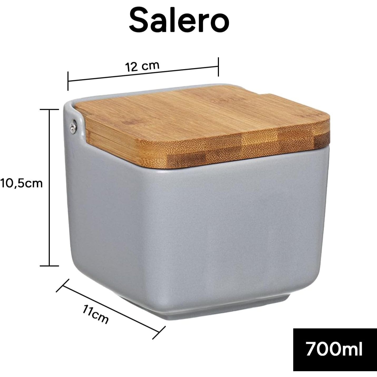 Salero Cocina con Tapa, Hecho de Cerámica y Madera, Capacidad de 700ml, Recipiente para Especias y Aliños, Gris, 12 x 11 x 10,5 cm