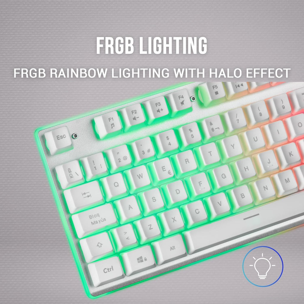 Mars Gaming MK220, Teclado Gaming Híbrido H-Mech, Iluminación FRGB Rainbow + Halo, Panel de Aluminio, Anti-Ghosting, USB Plug & Play, PC PS5 Xbox Switch, Idioma Francés, Blanco