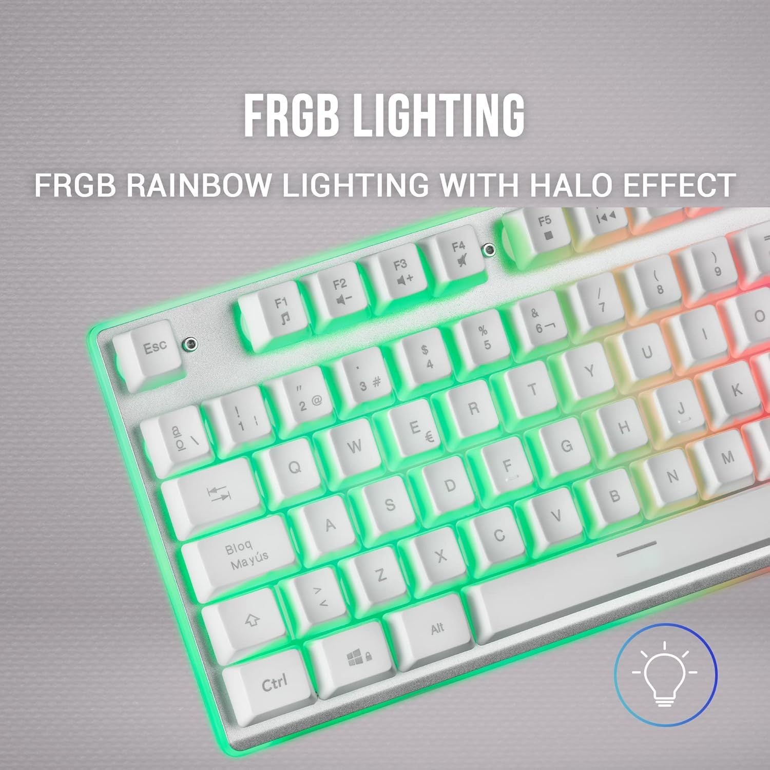 Mars Gaming MK220, Teclado Gaming Híbrido H-Mech, Iluminación FRGB Rainbow + Halo, Panel de Aluminio, Anti-Ghosting, USB Plug & Play, PC PS5 Xbox Switch, Idioma Francés, Blanco
