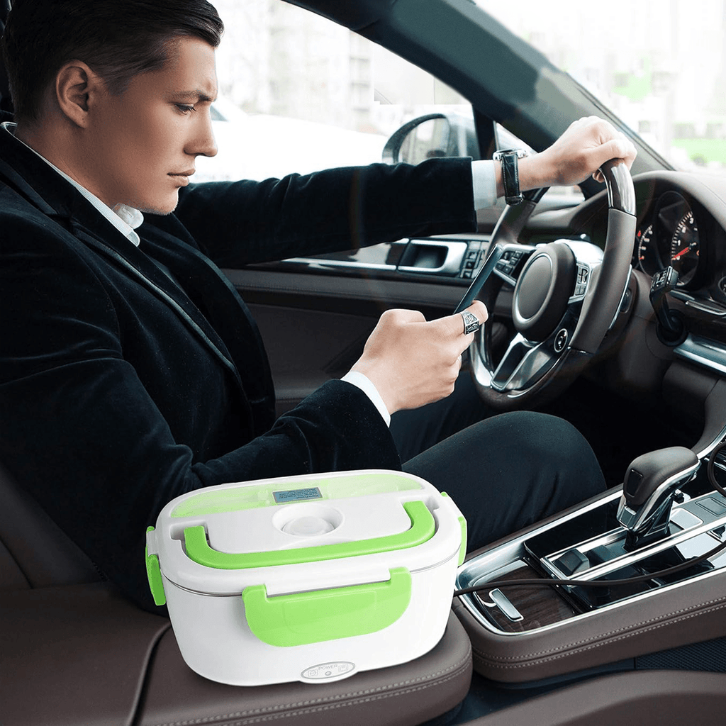 Caja Termica Portatil con 2 Compartimentos, Lonchera Electrica con Asa de Transporte, 1L de Capacidad, Calienta en Pocos Minutos, Enchufe para Coche Incluido, Espacio para Cubiertos con Cuchara Incluida, Fácil Limpieza