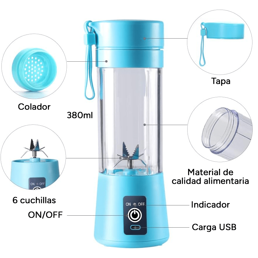 Licuadora Portatil Zumos y Batidos, Batidora para Frutas y Verduras, 6 Cuchillas de Acero, Vaso de 380ml de Capacidad, Ideal para Llevar, Cable de Carga USB, Batería de 800 mAh, 22000 RPM