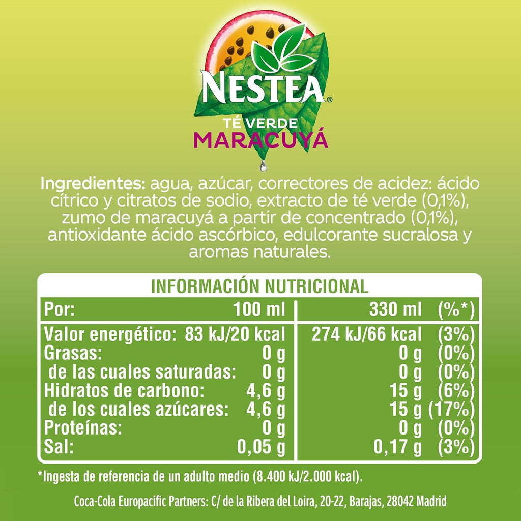 Nestea Té Verde Maracuyá, Refresco de Té Verde con Sabor a Maracuyá, Pack de 24 Latas de 330ml