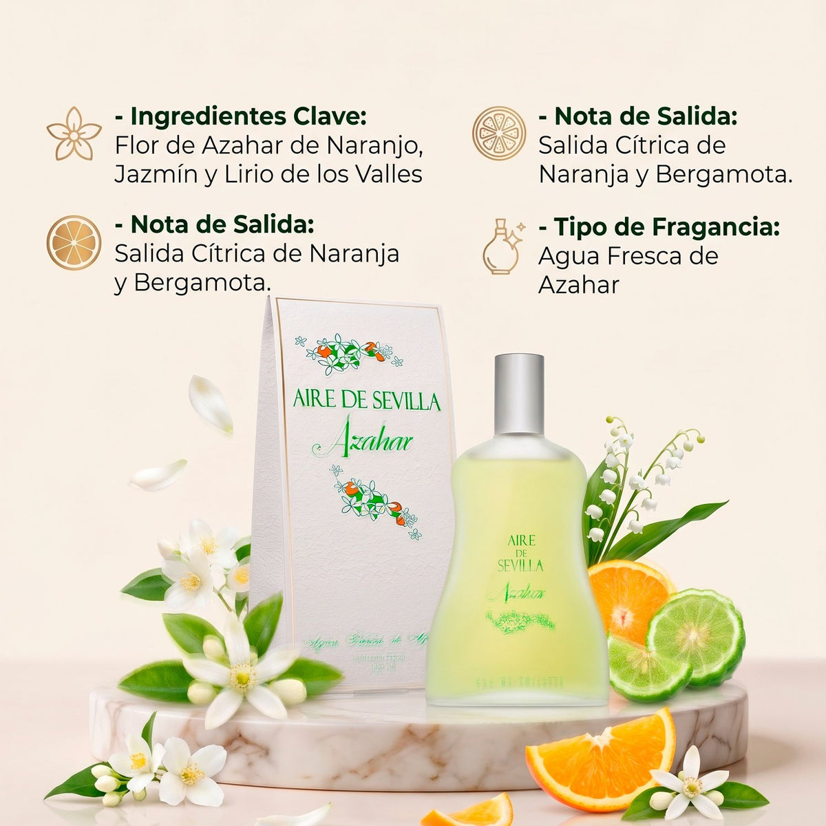 Instituto Español Aire de Sevilla Azahar Eau de Toilette para Mujer, Perfume de Aroma Cítrico y Floral con Notas de Clementina, Mandarina, Bergamota, Azahar y Jazmín, 150 ml