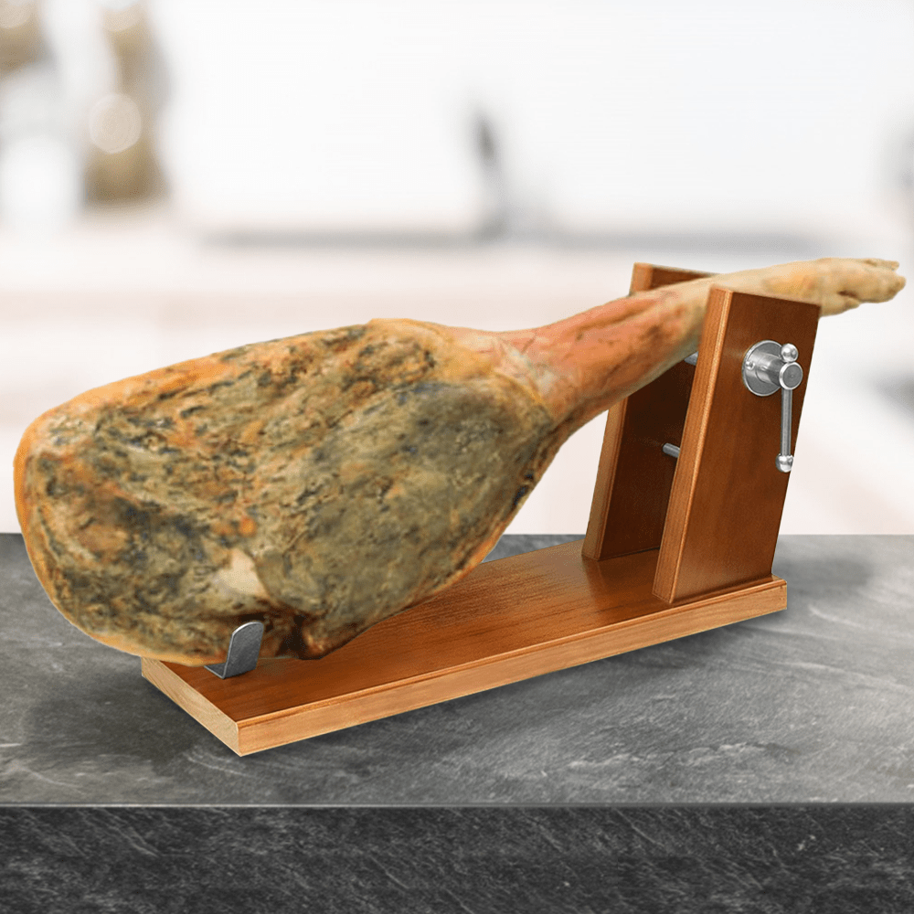 Jamonero Soporte, Jamonero Profesional Reserva, Soporte Jamonero de Madera Pino Alta Resistencia, Herrajes y Pinchos de Acero, Sistema de Sujeción Ajustable de Torniquete, Base Antideslizante, 40 x 17.8 x 25cm