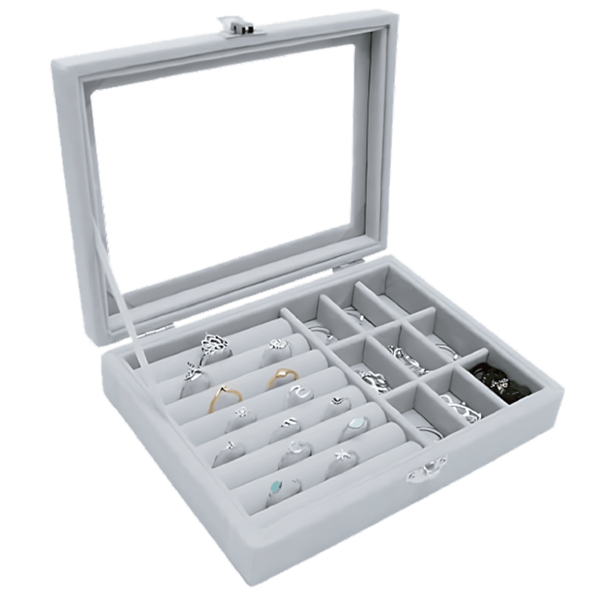 Joyero de Terciopelo, Gris, Ideal para Todo Tipo de Accesorios, Multiples Compartimientos, A Prueba de Polvo, Proteccion de Accesorios Contra Rayones, Cuenta con Cerradura, 15 x 20 x 5cm