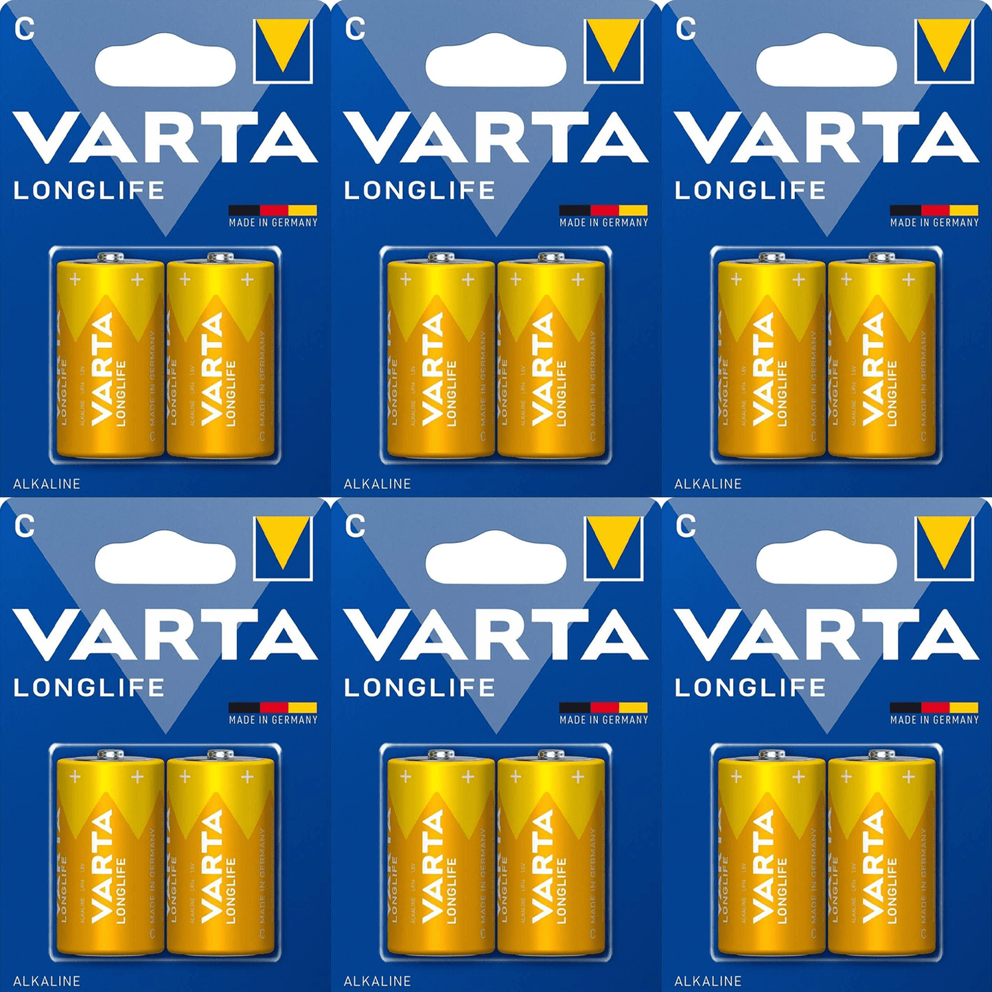 Pilas C Alcalinas de Alto Rendimiento, VARTA Longlife, Ultra Larga Duración, Energía Potente y Continua, Ideal para Linternas de Alto Consumo, Radios Portátiles, Juguetes por Control Remoto, Relojes, Despertadores y Dispositivos con Alta Demanda