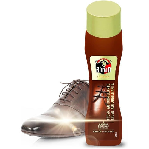 Búfalo Crema para Zapatos Autobrillante Color Marrón, Formulada con Aceite Natural de Almendras, Cuidado del Calzado y Color, Brillo Intenso Inmediato, Frasco de 50ml