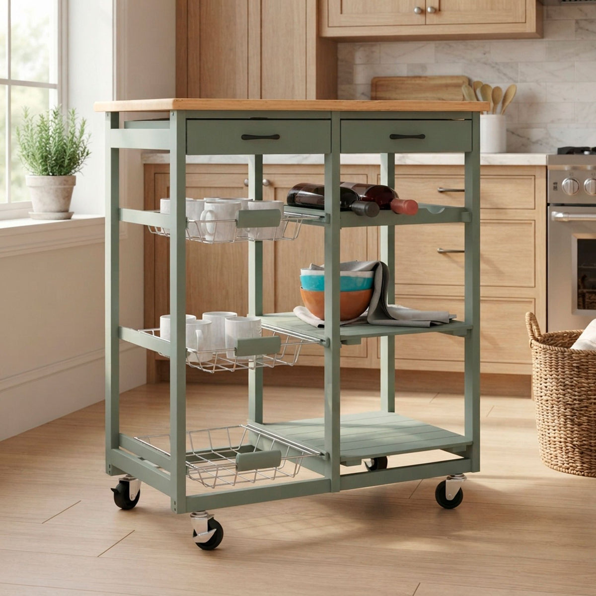 Carro Auxiliar de Cocina de Madera con Ruedas, Carrito Organizador con 2 Cajones, Estantes y Cestas Extraíbles, Diseño Multifuncional para Almacenamiento y Servicio, Verde, 68 x 37 x 75 cm