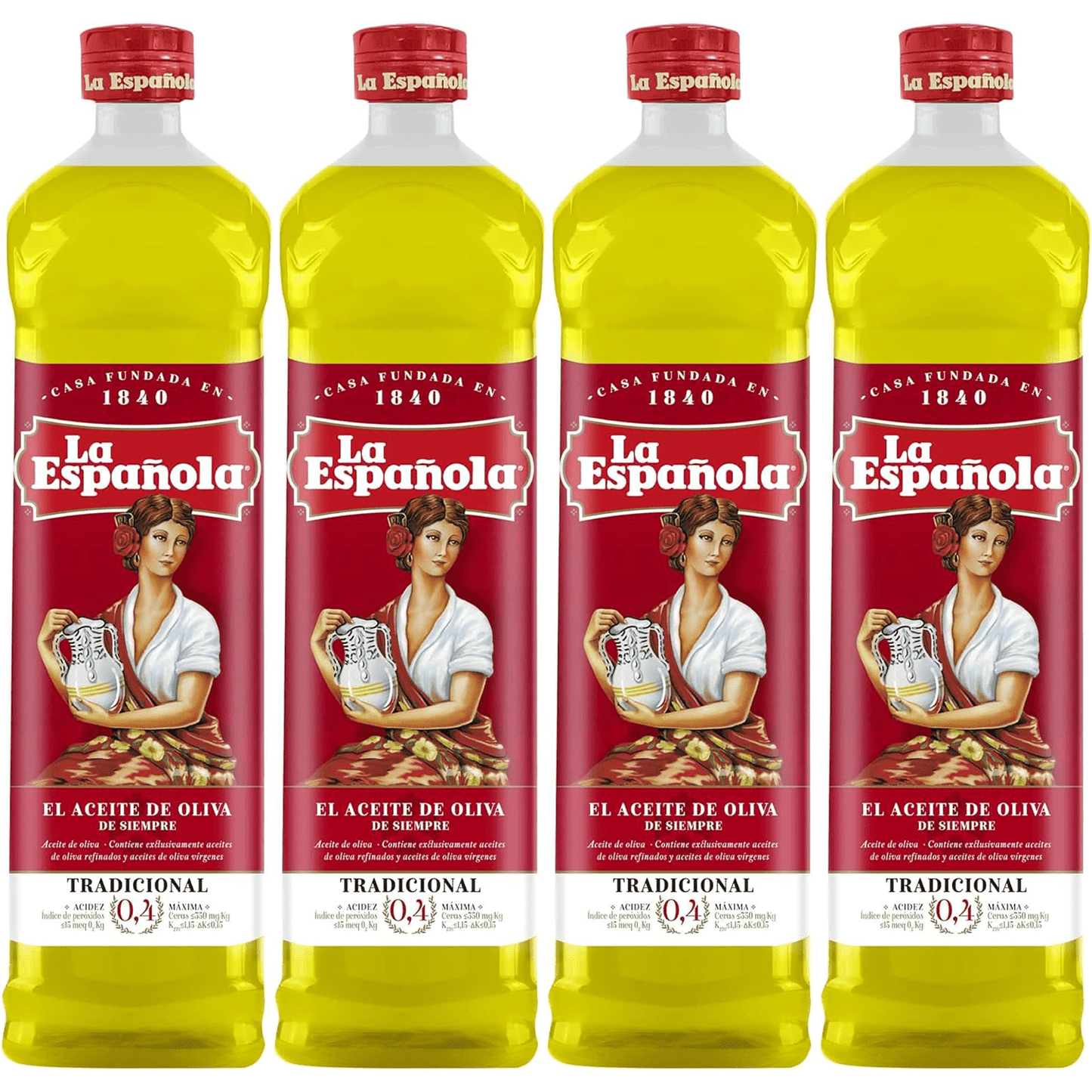 La Española Aceite de Oliva Suave 0.4º, Aceite de Oliva Tradicional, Pack de 4 Botellas 1L, Total de 4L